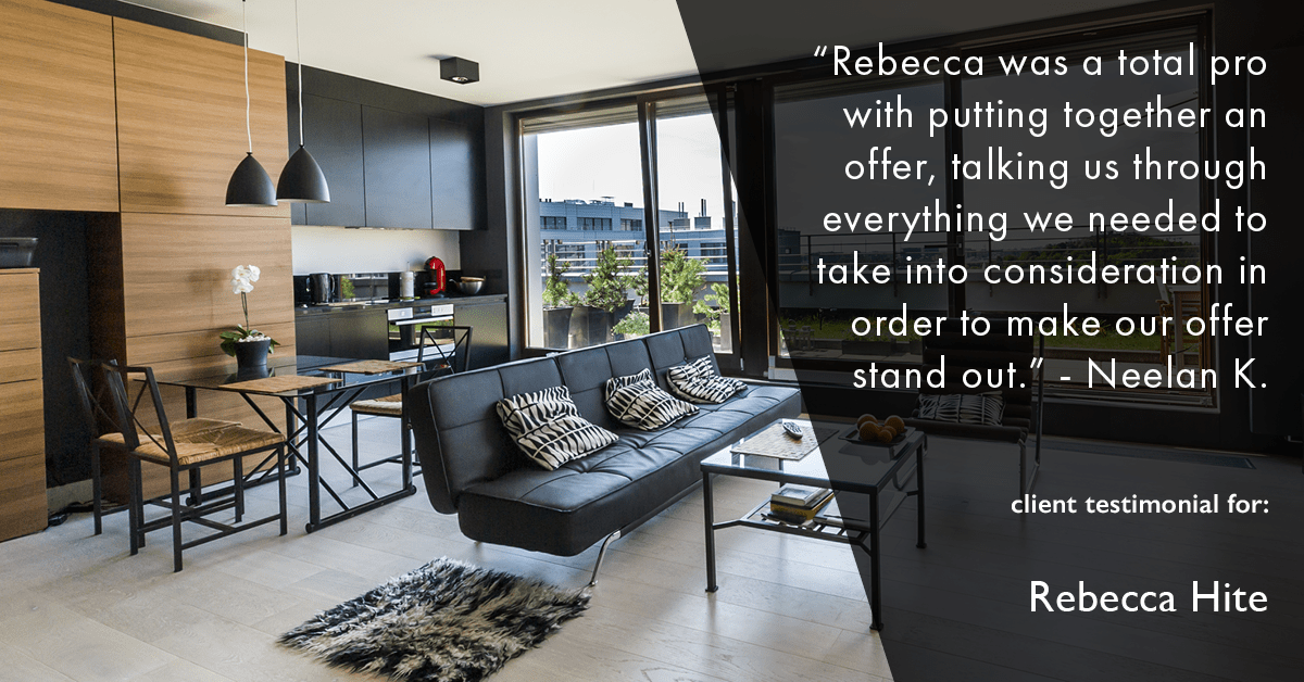 Testimonial for real estate agent Rebecca Hite with Huntington Properties, LLC in Englewood, CO: "Rebecca was a total pro with putting together an offer, talking us through everything we needed to take into consideration in order to make our offer stand out." - Neelan K.