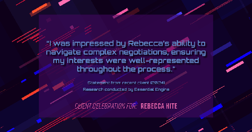 Testimonial for real estate agent Rebecca Hite with Huntington Properties, LLC in Englewood, CO: "I was impressed by Rebecca's ability to navigate complex negotiations, ensuring my interests were well-represented throughout the process."