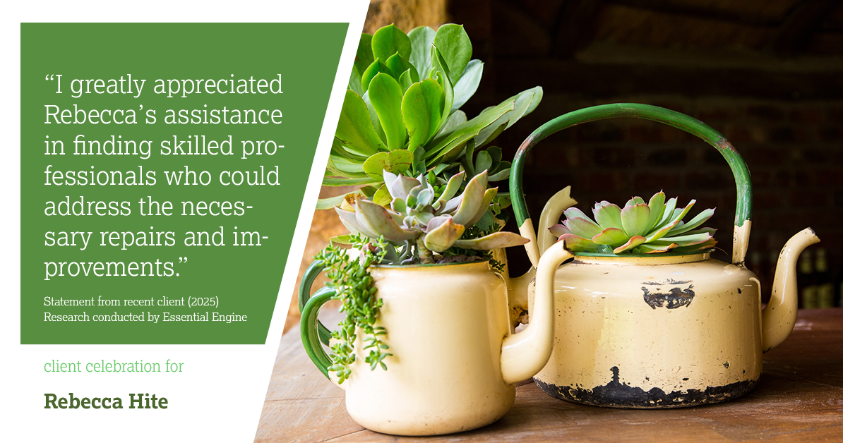 Testimonial for real estate agent Rebecca Hite with Huntington Properties, LLC in Englewood, CO: "I greatly appreciated Rebecca's assistance in finding skilled professionals who could address the necessary repairs and improvements."