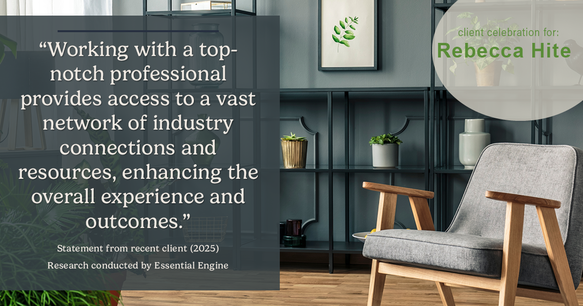 Testimonial for real estate agent Rebecca Hite with Huntington Properties, LLC in Englewood, CO: "Working with a top-notch professional provides access to a vast network of industry connections and resources, enhancing the overall experience and outcomes."