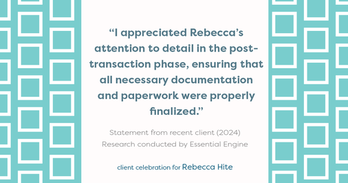 Testimonial for real estate agent Rebecca Hite with Huntington Properties, LLC in Englewood, CO: "I appreciated Rebecca's attention to detail in the post-transaction phase, ensuring that all necessary documentation and paperwork were properly finalized."