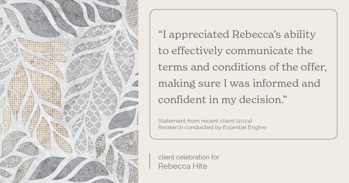 Testimonial for real estate agent Rebecca Hite with Huntington Properties, LLC in Englewood, CO: "I appreciated Rebecca's ability to effectively communicate the terms and conditions of the offer, making sure I was informed and confident in my decision."