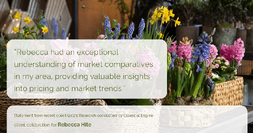 Testimonial for real estate agent Rebecca Hite with Huntington Properties, LLC in Englewood, CO: "Rebecca had an exceptional understanding of market comparatives in my area, providing valuable insights into pricing and market trends."