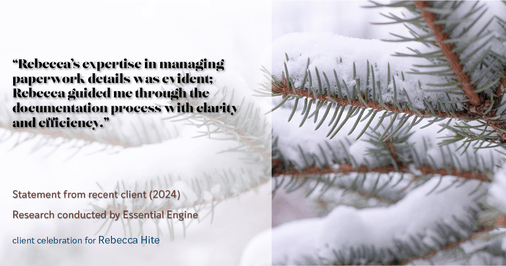 Testimonial for real estate agent Rebecca Hite with Huntington Properties, LLC in Englewood, CO: "Rebecca's expertise in managing paperwork details was evident; Rebecca guided me through the documentation process with clarity and efficiency."