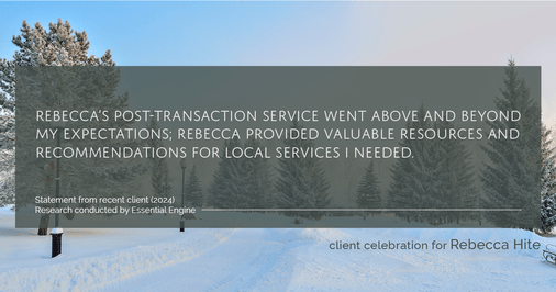 Testimonial for real estate agent Rebecca Hite with Huntington Properties, LLC in Englewood, CO: Rebecca's post-transaction service went above and beyond my expectations; Rebecca provided valuable resources and recommendations for local services I needed.