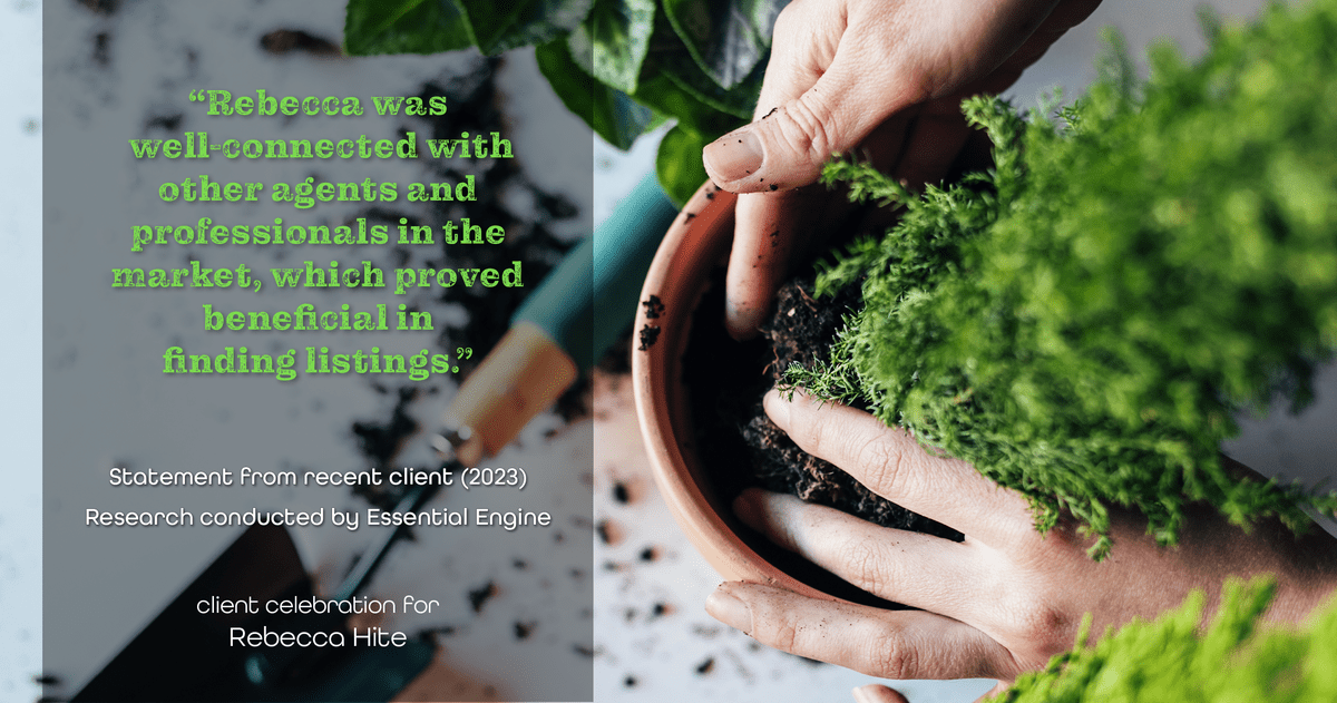 Testimonial for real estate agent Rebecca Hite with Huntington Properties, LLC in Englewood, CO: "Rebecca was well-connected with other agents and professionals in the market, which proved beneficial in finding listings."