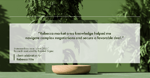 Testimonial for real estate agent Rebecca Hite with Huntington Properties, LLC in Englewood, CO: "Rebecca market area knowledge helped me navigate complex negotiations and secure a favorable deal."