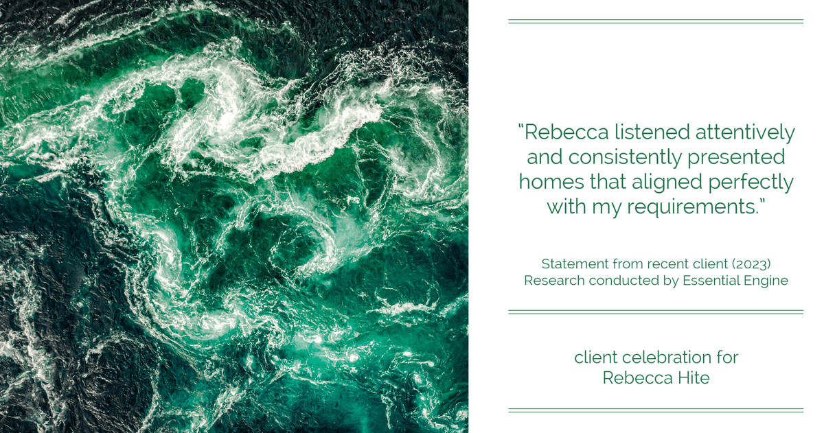 Testimonial for real estate agent Rebecca Hite with Huntington Properties, LLC in Englewood, CO: "Rebecca listened attentively and consistently presented homes that aligned perfectly with my requirements."