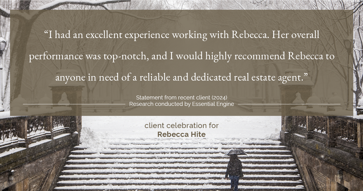 Testimonial for real estate agent Rebecca Hite with Huntington Properties, LLC in Englewood, CO: "I had an excellent experience working with Rebecca. Her overall performance was top-notch, and I would highly recommend Rebecca to anyone in need of a reliable and dedicated real estate agent."