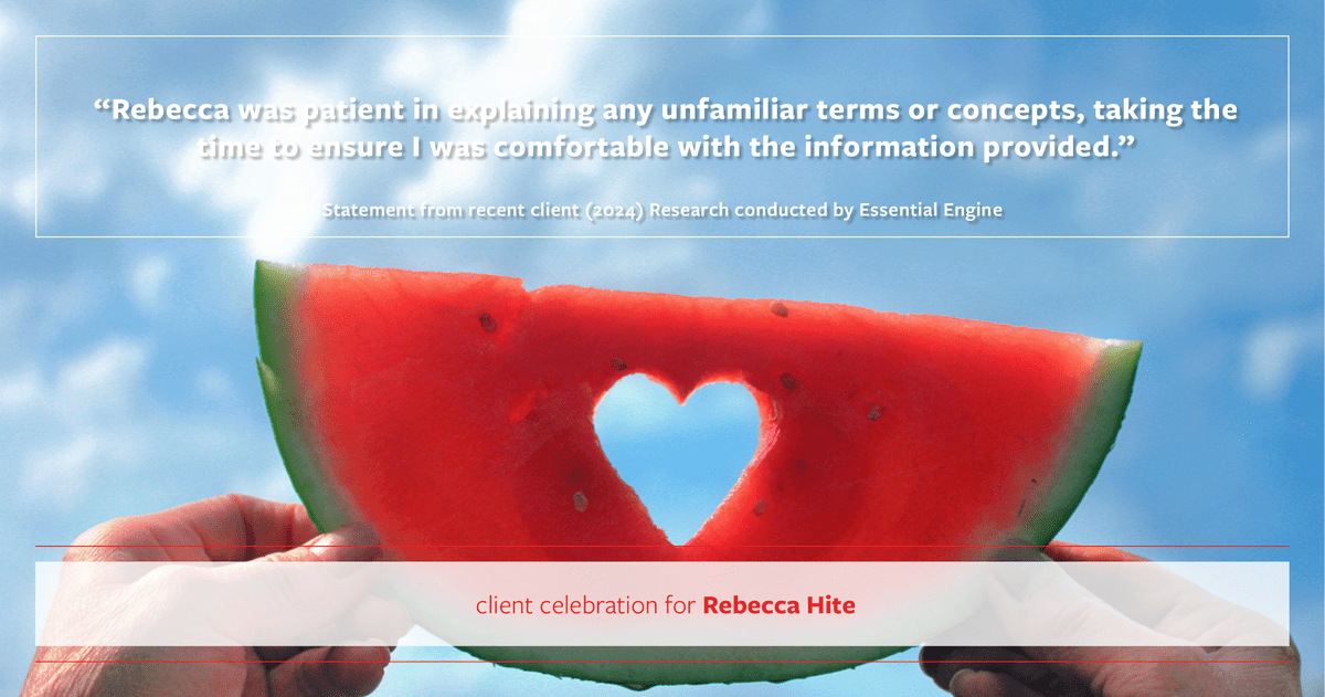 Testimonial for real estate agent Rebecca Hite with Huntington Properties, LLC in Englewood, CO: "Rebecca was patient in explaining any unfamiliar terms or concepts, taking the time to ensure I was comfortable with the information provided."