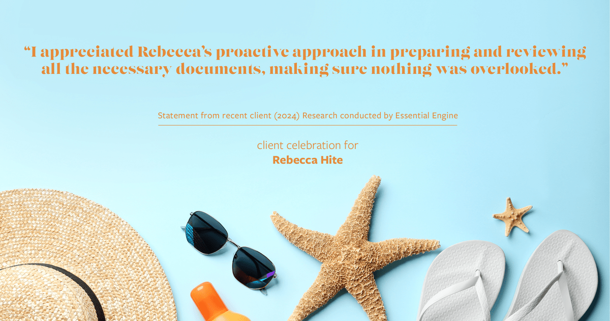 Testimonial for real estate agent Rebecca Hite with Huntington Properties, LLC in Englewood, CO: "I appreciated Rebecca's proactive approach in preparing and reviewing all the necessary documents, making sure nothing was overlooked."