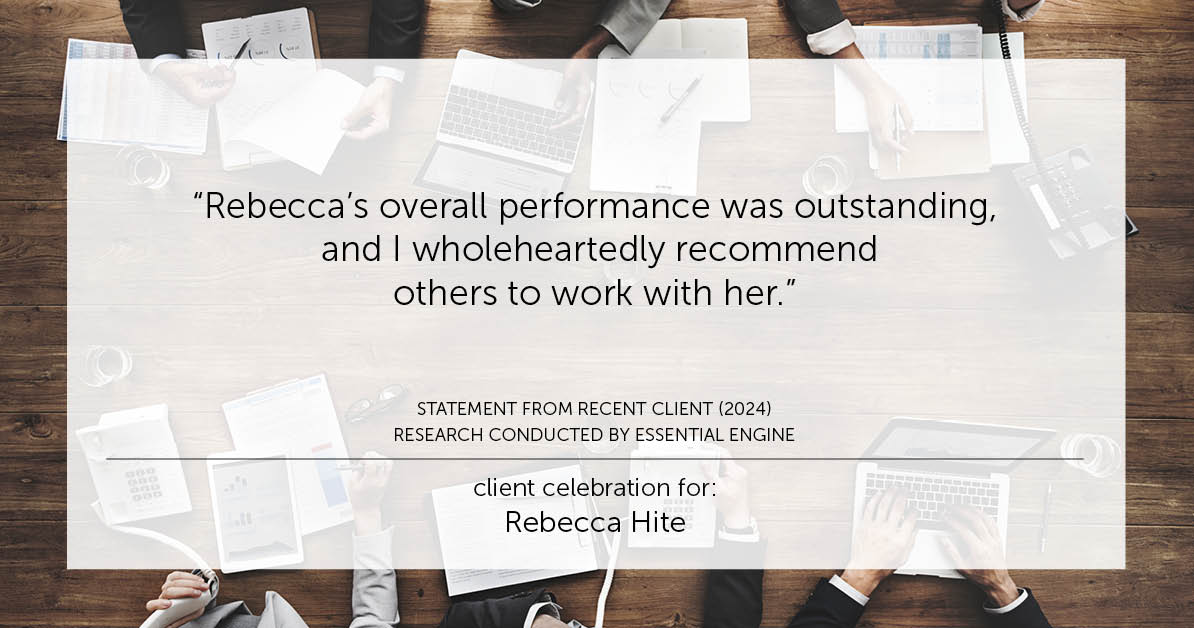 Testimonial for real estate agent Rebecca Hite with Huntington Properties, LLC in Englewood, CO: "Rebecca's overall performance was outstanding, and I wholeheartedly recommend others to work with her."