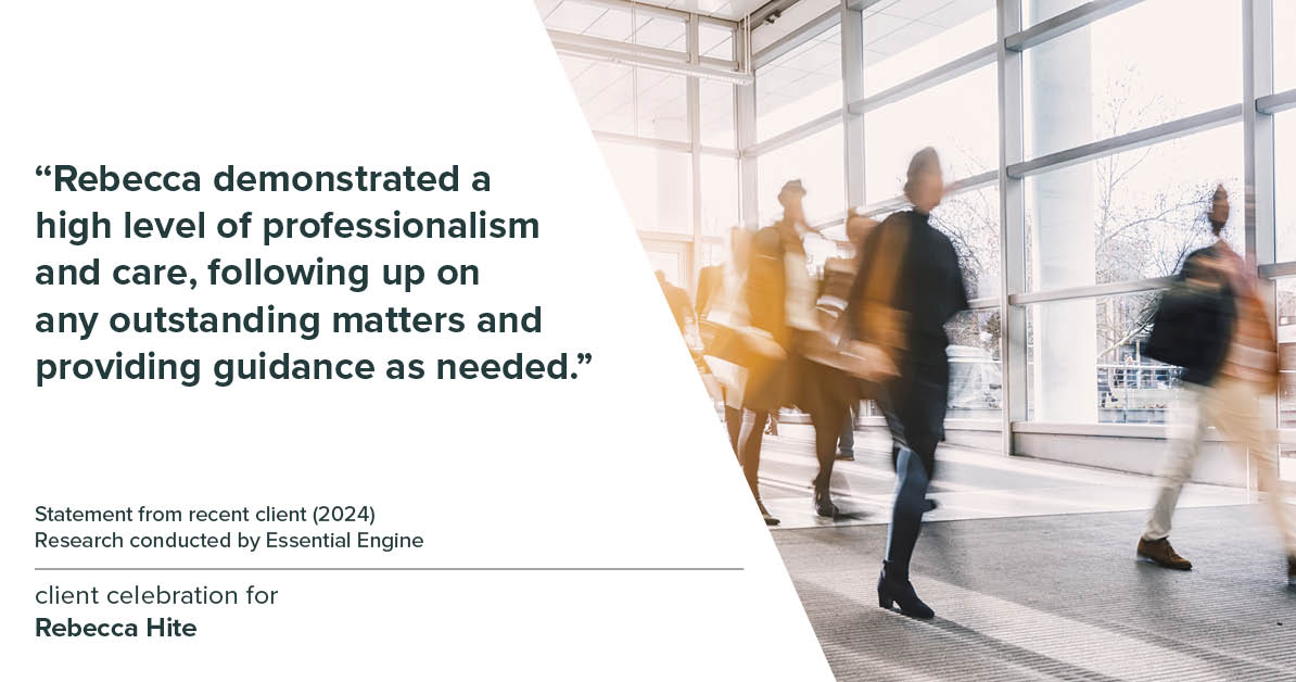 Testimonial for real estate agent Rebecca Hite with Huntington Properties, LLC in Englewood, CO: "Rebecca demonstrated a high level of professionalism and care, following up on any outstanding matters and providing guidance as needed."