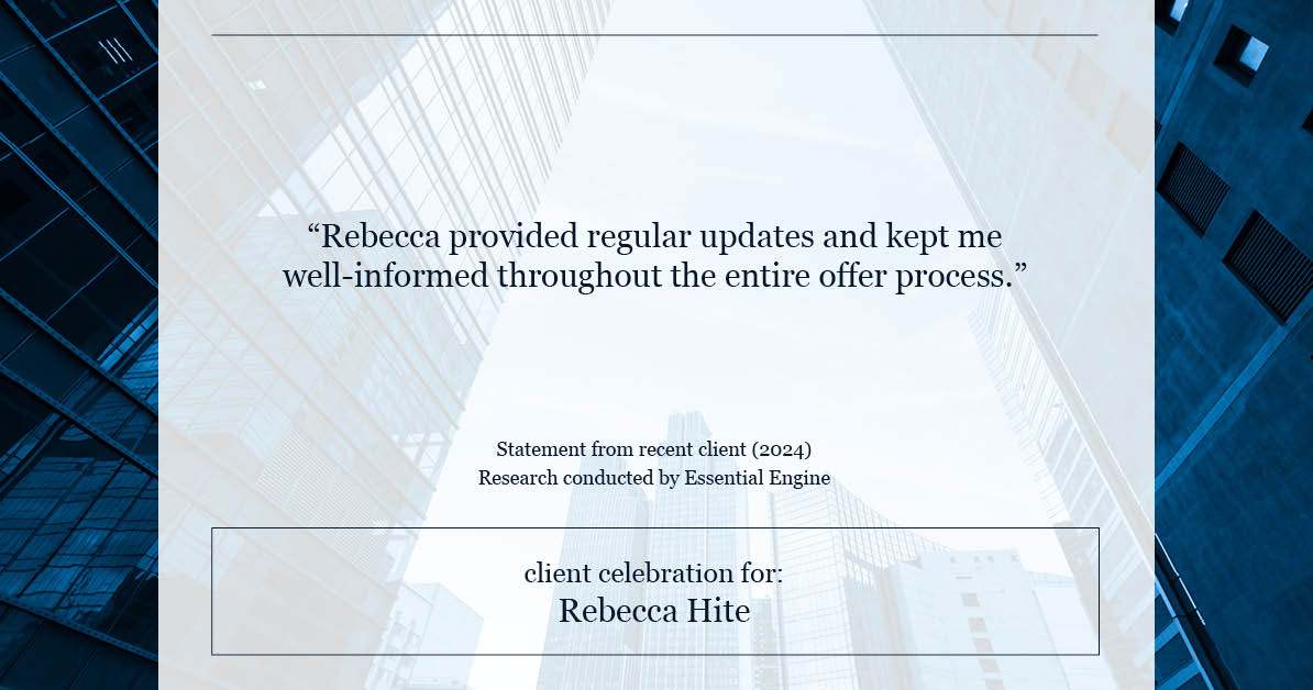 Testimonial for real estate agent Rebecca Hite with Huntington Properties, LLC in Englewood, CO: "Rebecca provided regular updates and kept me well-informed throughout the entire offer process."