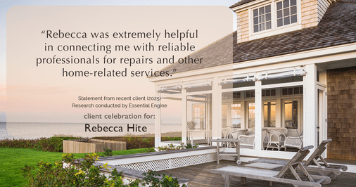 Testimonial for real estate agent Rebecca Hite with Huntington Properties, LLC in Englewood, CO: "Rebecca was extremely helpful in connecting me with reliable professionals for repairs and other home-related services."