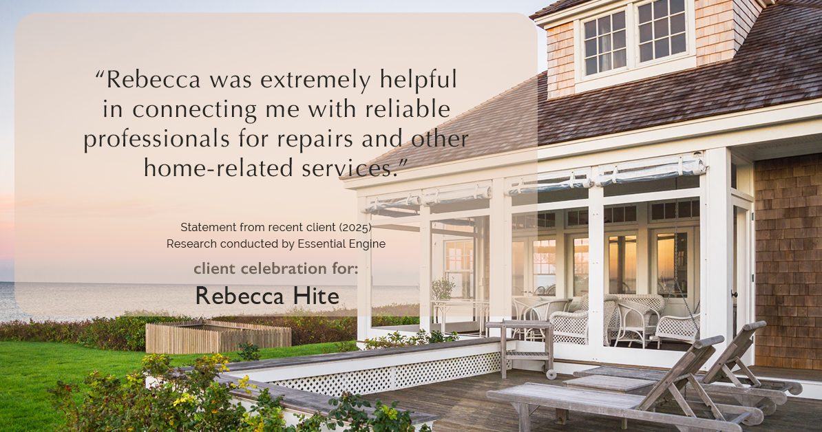 Testimonial for real estate agent Rebecca Hite with Huntington Properties, LLC in Englewood, CO: "Rebecca was extremely helpful in connecting me with reliable professionals for repairs and other home-related services."
