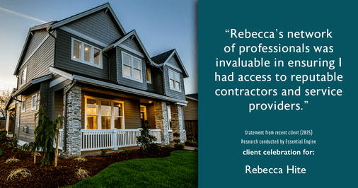 Testimonial for real estate agent Rebecca Hite with Huntington Properties, LLC in Englewood, CO: "Rebecca's network of professionals was invaluable in ensuring I had access to reputable contractors and service providers."