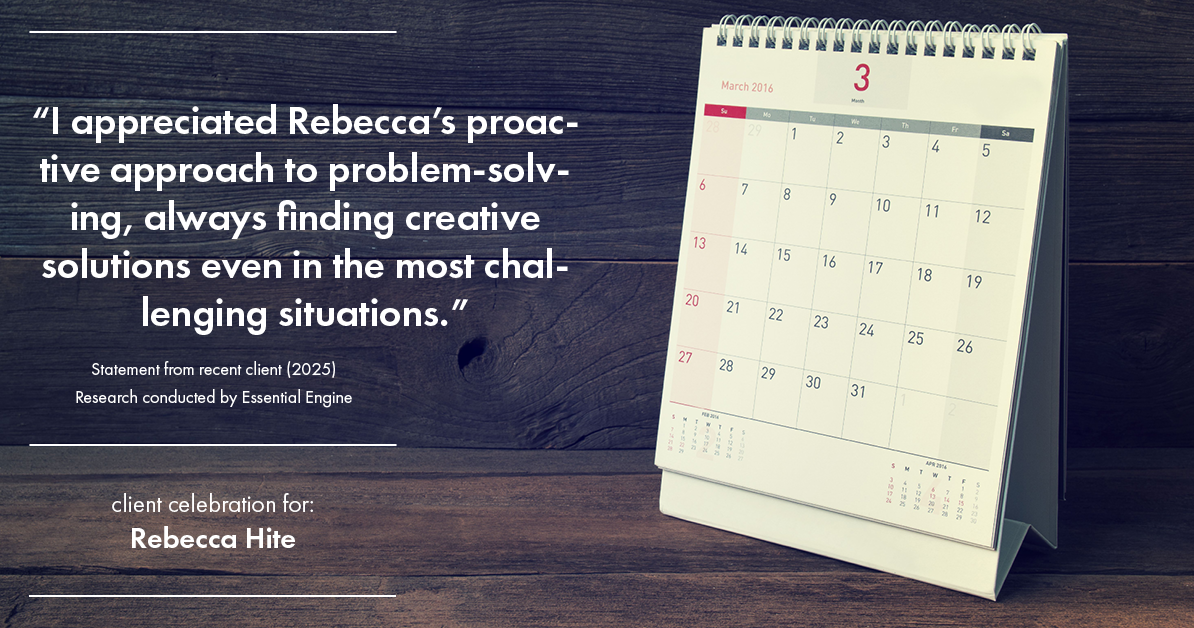 Testimonial for real estate agent Rebecca Hite with Huntington Properties, LLC in Englewood, CO: "I appreciated Rebecca's proactive approach to problem-solving, always finding creative solutions even in the most challenging situations."