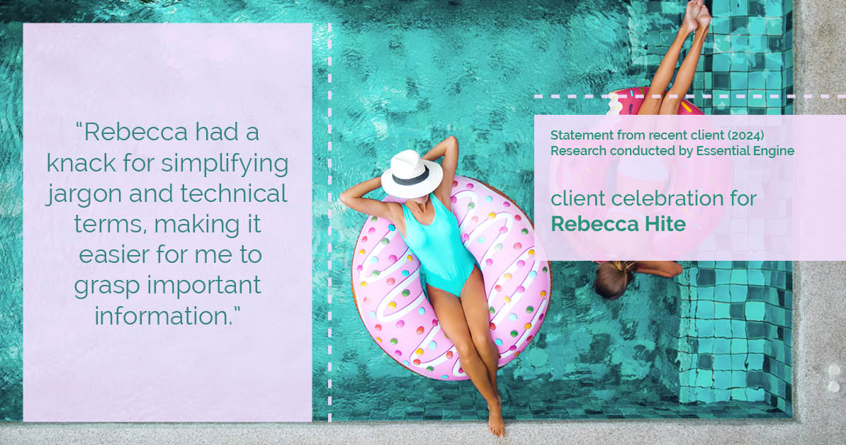 Testimonial for real estate agent Rebecca Hite with Huntington Properties, LLC in Englewood, CO: "Rebecca had a knack for simplifying jargon and technical terms, making it easier for me to grasp important information."
