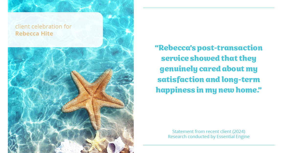 Testimonial for real estate agent Rebecca Hite with Huntington Properties, LLC in Englewood, CO: "Rebecca's post-transaction service showed that they genuinely cared about my satisfaction and long-term happiness in my new home."