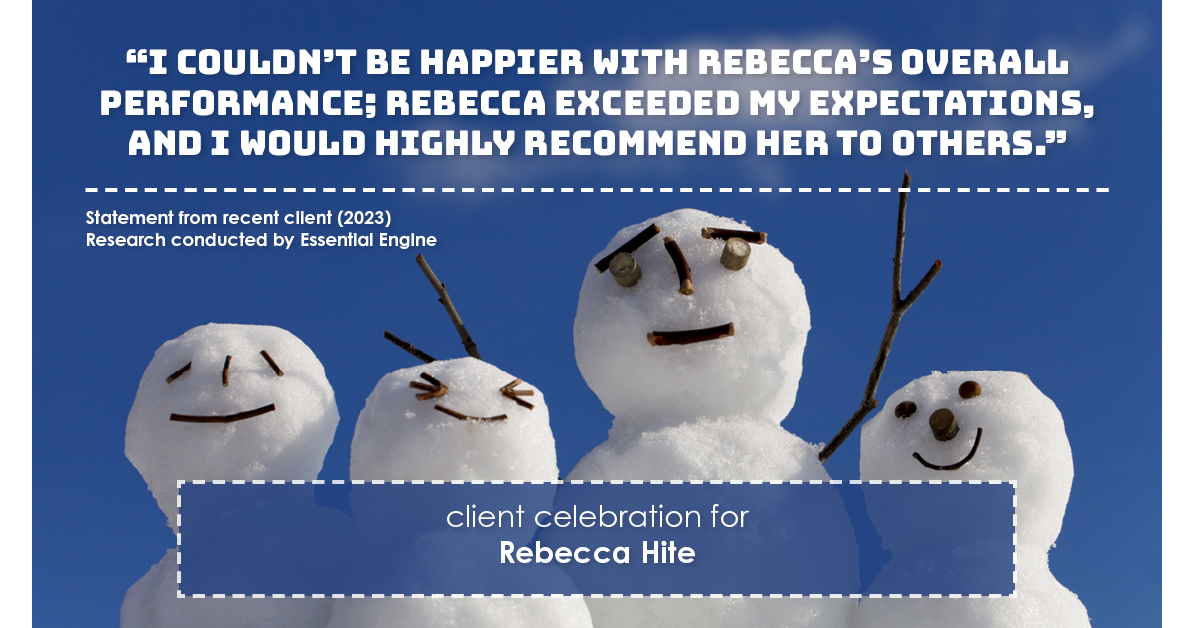 Testimonial for real estate agent Rebecca Hite with Huntington Properties, LLC in Englewood, CO: "I couldn't be happier with Rebecca's overall performance; Rebecca exceeded my expectations, and I would highly recommend her to others."