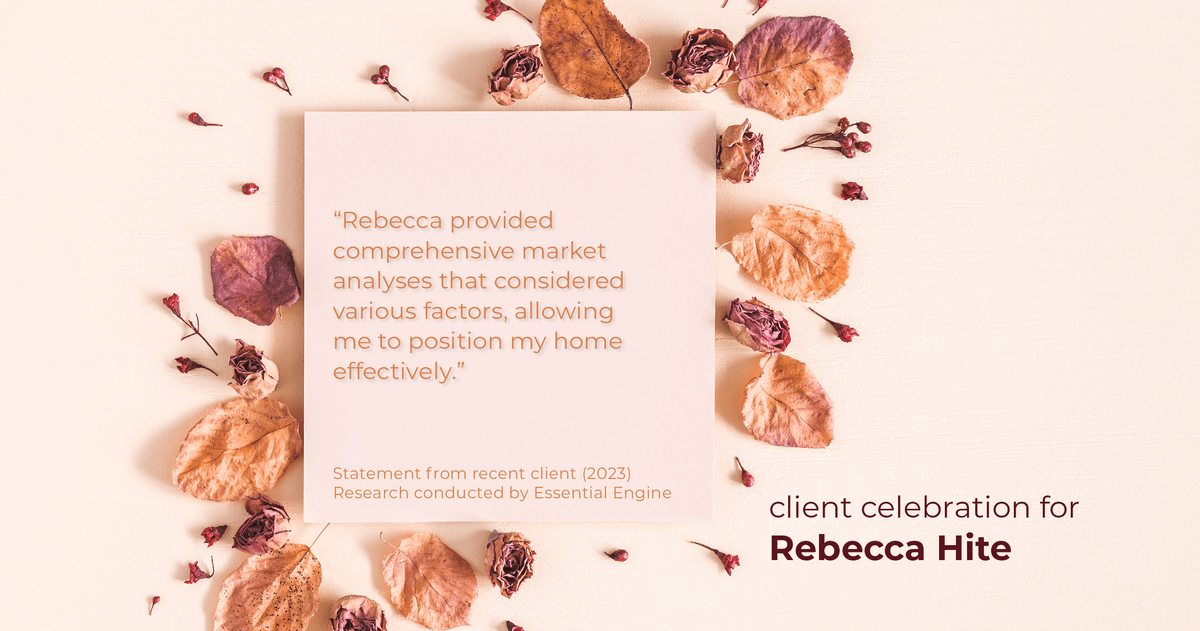 Testimonial for real estate agent Rebecca Hite with Huntington Properties, LLC in Englewood, CO: "Rebecca provided comprehensive market analyses that considered various factors, allowing me to position my home effectively."