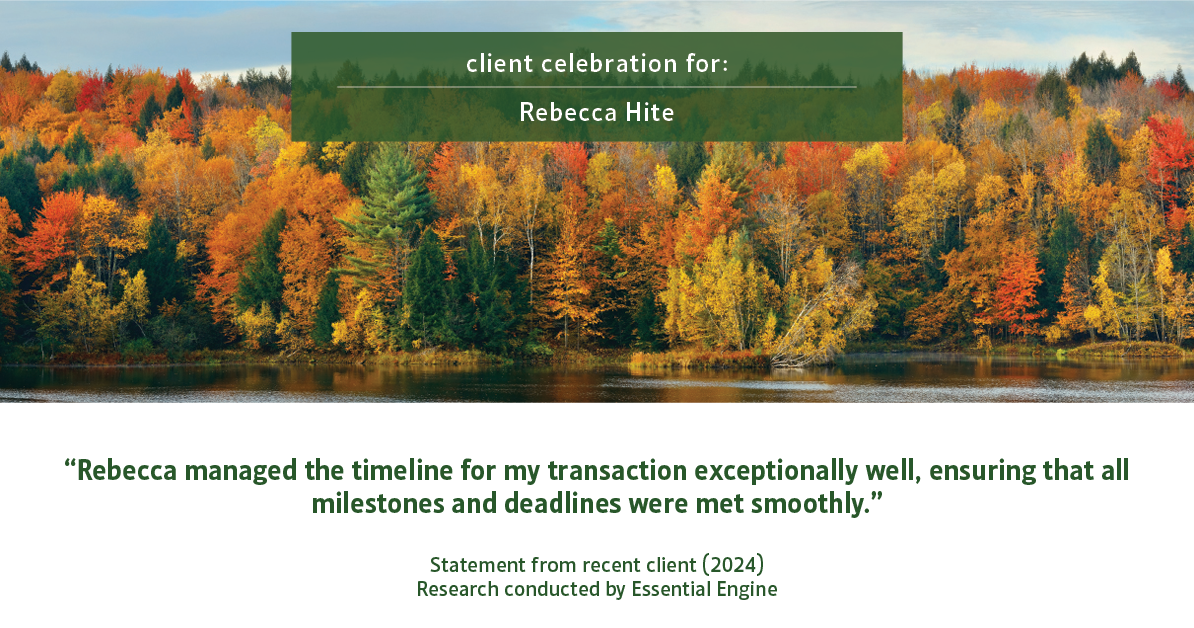 Testimonial for real estate agent Rebecca Hite with Huntington Properties, LLC in Englewood, CO: "Rebecca managed the timeline for my transaction exceptionally well, ensuring that all milestones and deadlines were met smoothly."