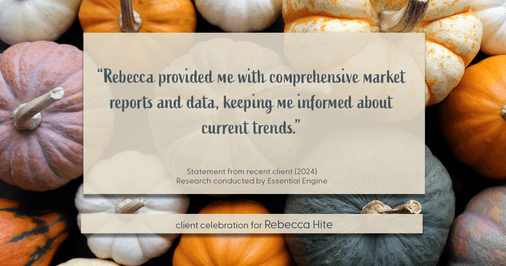 Testimonial for real estate agent Rebecca Hite with Huntington Properties, LLC in Englewood, CO: "Rebecca provided me with comprehensive market reports and data, keeping me informed about current trends."