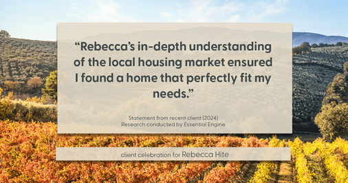 Testimonial for real estate agent Rebecca Hite with Huntington Properties, LLC in Englewood, CO: "Rebecca's in-depth understanding of the local housing market ensured I found a home that perfectly fit my needs."