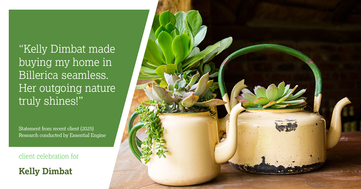 Testimonial for real estate agent Kelly Dimbat with Lamacchia Realty, Inc. in Woburn, MA: "Kelly Dimbat made buying my home in Billerica seamless. Her outgoing nature truly shines!"