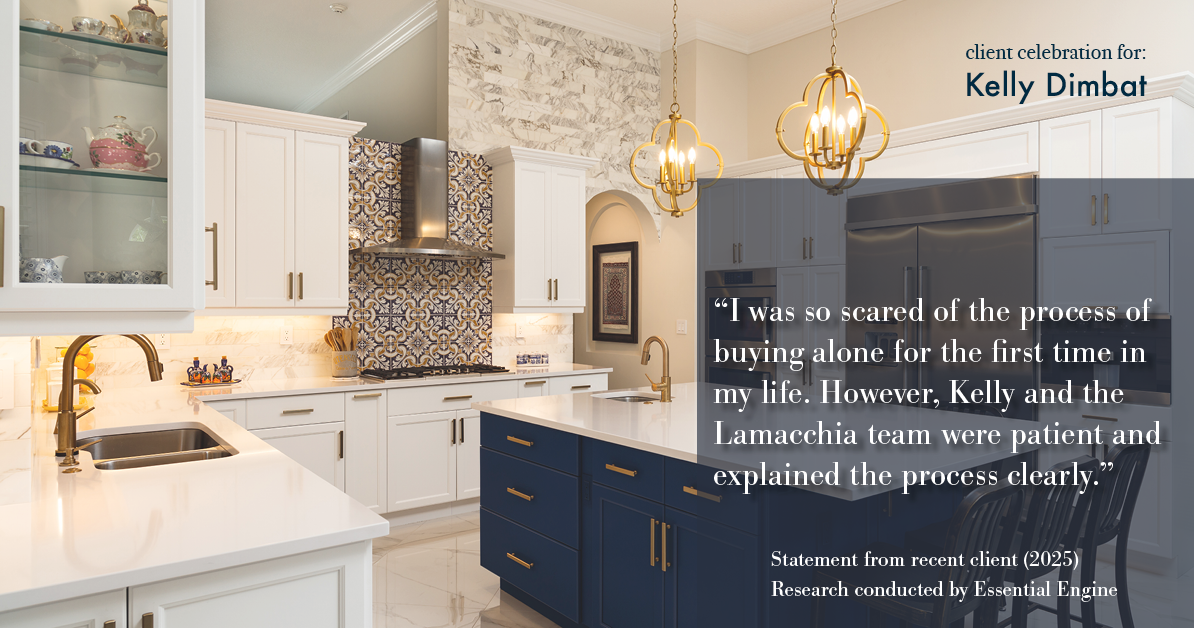 Testimonial for real estate agent Kelly Dimbat with Lamacchia Realty, Inc. in Woburn, MA: "I was so scared of the process of buying alone for the first time in my life. However, Kelly and the Lamacchia team were patient and explained the process clearly.”